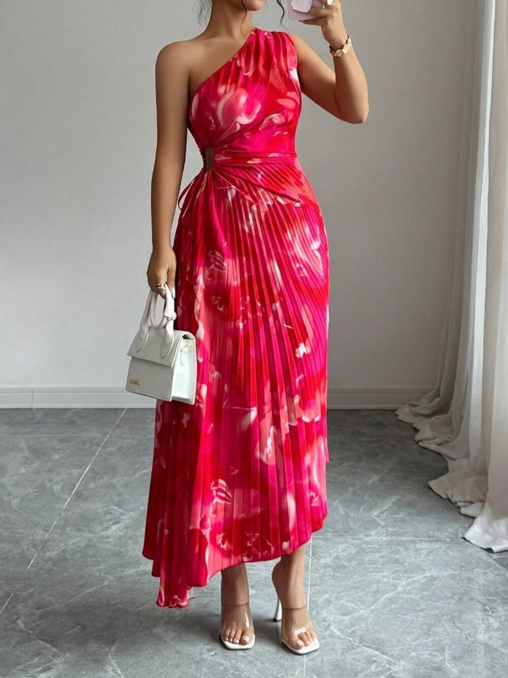 Red Elegant Women's Asymmetric Shoulder Pleated Cutout Floral Dress - Picture 3 of 6